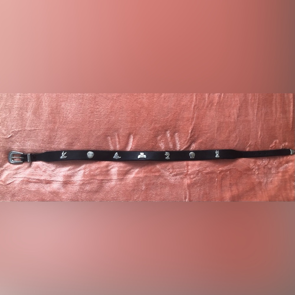 Vintage Looney Tunes Black Leather Belt 30 Metal Detail WB Taz Tweety Bugs Bunny